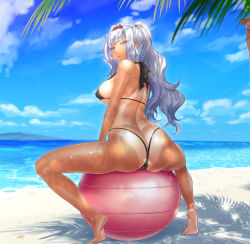 Rule 34 | 1girl, absurdres, ass, ball, barefoot, beach, bikini, black bikini, blush, breasts, exercise ball, from behind, hairband, highres, idolmaster, idolmaster (classic), large breasts, light soles, long hair, looking at viewer, looking back, micro bikini, neziiro, ocean, one-piece tan, open mouth, outdoors, palm tree, pink eyes, ponytail, sand, shijou takane, shiny skin, silver hair, sitting on ball, skindentation, soles, solo, spread legs, swimsuit, tan, tanline, tree, water