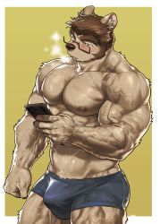 Rule 34 | 1boy, abs, animal ear request, bara, biceps, blue male underwear, blush, boxer briefs, breath, brown fur, brown hair, bulge, cowboy shot, feet out of frame, furry, furry male, glasses, highres, holding, holding phone, large pectorals, long sideburns, male focus, male underwear, muscular, muscular male, navel, nipples, original, pectorals, phone, short hair, sideburns, solo, stomach, sweat, thick eyebrows, thick thighs, thighs, topless male, underwear, underwear only, veins, wasp (anthyutena)