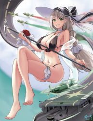 Rule 34 | 1girl, :d, absurdres, aircraft, aircraft carrier, aquila (aircraft carrier), aquila (azur lane), aquila (a sip of sardegnian elegance) (azur lane), ass, azur lane, barefoot, bikini, black bikini, blurry, bow, breasts, choker, cleavage, commentary request, crossed legs, depth of field, eyes visible through hair, flight deck, floating, flying, full body, green eyes, hair tubes, hat, hat bow, hat ornament, hat ribbon, highres, holding, holding scepter, jewelry, large breasts, long hair, looking at viewer, low-tied long hair, low ponytail, meatbun 33, midriff, military, military vehicle, name connection, navel, necklace, official alternate costume, open mouth, ribbon, scepter, ship, sidelocks, signature, silver hair, smile, solo, sun hat, swimsuit, thighs, warship, watercraft