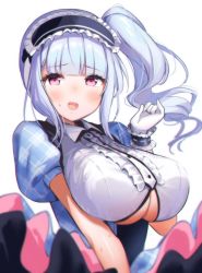 Rule 34 | 1girl, azur lane, blurry, breasts, clothing cutout, collared shirt, depth of field, dido (azur lane), dido (muse) (azur lane), embarrassed, frills, gloves, hand up, headdress, idol, kiyosato 0928, large breasts, long hair, looking at viewer, open mouth, plaid, puffy sleeves, red eyes, shirt, short sleeves, side ponytail, simple background, solo, sweat, underboob, underboob cutout, upper body, white background, white gloves, white hair, white shirt