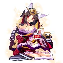 Rule 34 | 1girl, aburaage, animal ears, bare shoulders, black hair, book, book stack, chopsticks, cracker, creature, cup ramen, facial mark, floral print, food, fox ears, half updo, headgear, instant udon, japanese clothes, kimono, kitsune udon, lace, lace-trimmed skirt, lace-trimmed sleeves, lace trim, long hair, long sleeves, looking at viewer, maruchan akai kitsune udon, off shoulder, open mouth, parted bangs, red eyes, senbei, shirokitsune, sitting, skirt, smile, solo, sparkle, tabi, tamamo (uchi no hime-sama ga ichiban kawaii), transparent background, uchi no hime-sama ga ichiban kawaii, wide sleeves, yokozuwari