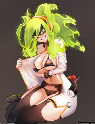 Rule 34 | 1girl, absurdres, ankle boots, black background, black bra, black panties, black thighhighs, blush, boku no hero academia, boots, bra, breasts, burnin (boku no hero academia), constricted pupils, domino mask, dress, fire hair, garter belt, green hair, grin, hair between eyes, hairband, highres, large breasts, long hair, long sleeves, looking at viewer, mask, navel, open clothes, panties, simple background, sitting, smile, solo, thighhighs, underwear, white dress, yellow eyes, yur1rodrigues