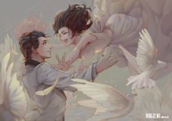 Rule 34 | 1boy, 1girl, absurdres, artist self-insert, bird, black hair, bouquet, closed eyes, commentary, couple, dated, dove, dress, earrings, english commentary, feathers, flower, formal, grey background, happy, hetero, highres, husband and wife, imminent hug, jacket, jewelry, jokerpang, jumping, long sleeves, medium hair, open mouth, original, ring, short hair, sleeveless, sleeveless dress, smile, suit, upper body, wedding, wedding dress, wedding ring, white dress, white jacket, white suit