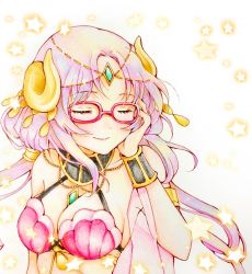 Rule 34 | 1girl, artist request, bespectacled, blush, bracelet, breasts, cleavage, closed eyes, closed mouth, diadem, eyelashes, glasses, hand on own face, highres, horns, jewelry, low twintails, nanaka (princess connect!), nanaka (summer) (princess connect!), necklace, princess connect!, purple hair, smile, solo, star (symbol), swimsuit, traditional media, twintails, watercolor pencil (medium)