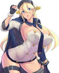 Rule 34 | 1girl, azur lane, black gloves, blonde hair, blue eyes, breasts, dashigarayama, fingerless gloves, gloves, hat, jacket, jacket on shoulders, large breasts, long hair, looking at viewer, necktie, open mouth, simple background, solo, tennessee (azur lane), thigh strap, very long hair, white background