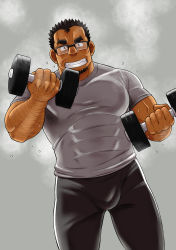 Rule 34 | 1boy, arm hair, bara, black-framed eyewear, black hair, bulge, covered abs, dumbbell, ei (marutendon), exercising, facial hair, feet out of frame, glasses, goatee, grin, gym shirt, gym uniform, large pectorals, male focus, mature male, muscular, muscular male, original, pectorals, shirt, short hair, sideburns, smile, solo, sweat, thighs, weightlifting, white shirt