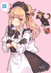 Rule 34 | 1boy, 1girl, :o, ahoge, animal ears, black bow, black gloves, blonde hair, blush, bouquet, bow, brown hair, brown tail, closed mouth, collar, dated, facial mark, final fantasy, final fantasy xiv, flower, frilled sleeves, frills, frown, gloves, hand on ground, hand on own arm, hand on own forehead, heart, kneeling, long hair, maid headdress, miqo&#039;te, momoko (momopoco), on ground, one eye covered, original, pink background, ponytail, raised eyebrows, red eyes, red flower, red rose, rose, shadow, signature, simple background, speech bubble, whisker markings, white collar