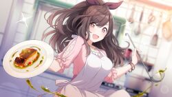 Rule 34 | + +, 1girl, :d, apron, back bow, blurry, blurry background, blush, bow, bracelet, breasts, brown eyes, brown hair, depth of field, dress, fish (food), food, frilled sleeves, frills, game cg, hair bow, heart, heart necklace, holding, holding plate, idolmaster, idolmaster shiny colors, indoors, jewelry, kitchen, ladle, large breasts, lens flare, long hair, necklace, official art, open mouth, pink dress, pink eyes, plate, ponytail, sidelocks, smile, solo, sparkle, tsukioka kogane, upper body, v-shaped eyebrows, white apron