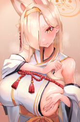 Rule 34 | 1girl, alternate breast size, animal ears, blonde hair, blue archive, blush, breasts, hair over one eye, hairband, halo, hei (heiyohei), highres, japanese clothes, kaho (blue archive), large breasts, long hair, mole, mole under mouth, obi, orange eyes, orange hairband, red eyes, sash, sideboob, solo, steaming body, sweat, wide sleeves