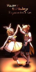Rule 34 | 1boy, 1girl, absurdres, black background, black shorts, blonde hair, bow, bracelet, brooch, character name, dancing, dress, closed eyes, from side, hair bow, hair ornament, hairclip, hand up, happy birthday, headphones, headset, high heels, highres, holding hands, inu8neko, jewelry, kagamine len, kagamine rin, kneehighs, light particles, mary janes, nail polish, neck ribbon, open mouth, piano print, ribbon, shirt, shoes, short ponytail, shorts, skirt, smile, socks, spiked hair, spotlight, stage, vest, vocaloid, white bow, white dress, white footwear, white shirt, white vest, wooden floor, yellow footwear, yellow nails, yellow neckwear, yellow skirt