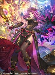Rule 34 | 1girl, belt, beret, boots, breasts, cleavage, feathers, fire emblem, fire emblem cipher, gem, gloves, hat, long hair, nintendo, official art, pink eyes, pink hair, poe (fire emblem), side ponytail, solo, sparkle, staff, teeth, thighhighs, umiu geso