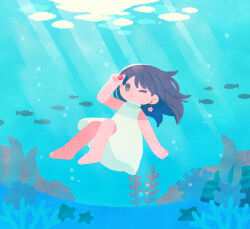 Rule 34 | 1girl, air bubble, bare arms, barefoot, black hair, bubble, closed mouth, coral, dappled sunlight, dot mouth, dress, earrings, fish, floating, flower earrings, gem, highres, holding, holding gem, jewelry, long hair, one eye closed, original, red gemstone, seaweed, simple fish, sleeveless, sleeveless dress, solid oval eyes, solo, sunakuraiori, sunlight, turtleneck, turtleneck dress, underwater, white dress