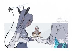 Rule 34 | 1boy, 1girl, absurdres, black gloves, black ribbon, black skirt, blue archive, blush, cherry, commentary, dark-skinned female, dark skin, dated, demon tail, english text, food, from side, fruit, gloves, grey hair, hair ribbon, halo, happy birthday, highres, iori (blue archive), long hair, necktie, open mouth, pancake, pancake stack, pleated skirt, pointy ears, profile, red eyes, ribbon, sensei (blue archive), shirt, skirt, tail, twintails, very long hair, w wakase, whipped cream, white shirt