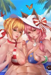 Rule 34 | 2girls, abs, animal ears, asymmetrical docking, beach, bikini, blonde hair, blue bikini, bow, braid, breast press, breasts, bug, butterfly, cooperative paizuri, criss-cross halter, day, ears through headwear, exlic, fate/grand order, fate (series), ffm threesome, fox ears, grabbing, grabbing another&#039;s breast, green eyes, group sex, hair between eyes, hair over shoulder, halterneck, hat, hat bow, head out of frame, hetero, highres, insect, jewelry, large breasts, lips, long hair, lotion bottle, low ponytail, multiple girls, nail polish, naughty face, navel, necklace, nero claudius (fate), nero claudius (fate) (all), nero claudius (swimsuit caster) (fate), nipples, ocean, outdoors, paizuri, parted lips, penis, pink hair, pink lips, pink nails, pov, red bikini, red lips, sky, striped bikini, striped clothes, sun hat, swimsuit, tamamo (fate), tamamo no mae (fate/extra), tamamo no mae (swimsuit lancer) (fate), teamwork, threesome, uncensored, veins, veiny penis, white headwear, yellow eyes