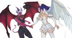 Rule 34 | 2girls, :d, alternate costume, angel, angel wings, belt, black choker, black pants, blue hair, breasts, brown belt, caitlyn (league of legends), character name, choker, cleavage, colored skin, cowboy shot, demon girl, demon horns, demon tail, demon vi, demon wings, dress, english text, garter straps, goggles, goggles around neck, grey hair, highres, holding hands, horns, large breasts, league of legends, looking at another, medium breasts, multiple girls, official alternate costume, open mouth, pants, pointy ears, ponytail, red eyes, red skin, ribbedtank, simple background, smile, speech bubble, tail, thighhighs, vi (league of legends), white background, white dress, white thighhighs, wings