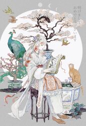 Rule 34 | 1girl, bird, bonsai, cat, chinese clothes, dragon, hair ornament, highres, lily pad, long hair, makeup, multicolored hair, original, peacock, plant, potted plant, reading, scroll, streaked hair, swallow (bird), water lily flower, white hair, yuko (foret noire)