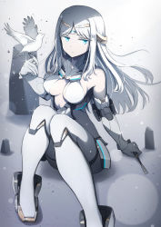 Rule 34 | 1girl, absurdres, bare shoulders, bikini, bird, blue eyes, breasts, cleavage, dove, elbow gloves, fate/grand order, fate (series), galatea (fate), gloves, halterneck, highres, joints, long hair, looking at viewer, medium breasts, pale skin, parted bangs, robot joints, sitting, swimsuit, thighhighs, tiara, white bikini, white gloves, white hair, white thighhighs, yuniyuni