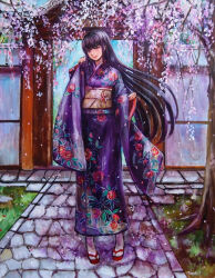 Rule 34 | 1girl, black hair, branch, cherry blossoms, commentary request, falling petals, floral print, flower, full body, japanese clothes, kimono, long hair, long sleeves, looking at viewer, obi, original, outdoors, petals, purple eyes, sandals, sash, smile, solo, standing, tabi, tafuto, traditional media, tree, very long hair, wide sleeves, zouri