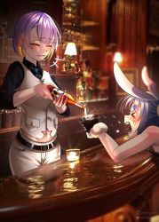 Rule 34 | animal ears, athies, bar (place), bartender, blue hair, bottle, braid, clothing cutout, commentary, cup, drinking glass, english commentary, hair ornament, highres, hololive, hololive indonesia, long hair, long sleeves, moona hoshinova, multicolored hair, multiple girls, navel cutout, pouring, purple eyes, purple hair, rabbit ears, rabbit girl, shirt, short hair, smile, thick eyebrows, usada pekora, vest, virtual youtuber