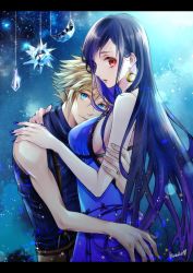 Rule 34 | 1boy, 1girl, backless dress, backless outfit, bare arms, bare shoulders, black hair, blonde hair, blue dress, blue eyes, blue nails, breasts, cloud strife, couple, crescent, crescent earrings, crescent moon, dress, earrings, final fantasy, final fantasy vii, final fantasy vii remake, highres, hug, jewelry, large breasts, long hair, looking at viewer, moon, nail polish, official alternate costume, quichi 91, red eyes, sideboob, signature, sky, sleeveless, sleeveless turtleneck, sparkle, spiked hair, square enix, star (sky), star (symbol), starry background, starry sky, sweater, tifa lockhart, tifa lockhart (refined dress), turtleneck, turtleneck sweater, wall market