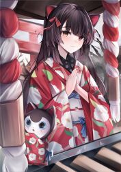 Rule 34 | 1girl, absurdres, animal ears, architecture, black hair, blush, box, dog ears, dog girl, donation box, east asian architecture, hair ornament, hatsumoude, heterochromia, highres, inui toko, japanese clothes, kimono, long hair, long sleeves, looking at viewer, new year, nijisanji, outdoors, own hands clasped, own hands together, palms together, praying, print kimono, red kimono, red nails, shrine, shrine bell, simoxia, solo, temple, upper body, virtual youtuber, yukata