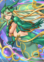 Rule 34 | 1girl, armor, ass, blonde hair, breasts, butt crack, creatures (company), game freak, gen 3 pokemon, green hair, hair between eyes, lamia, large breasts, legendary pokemon, long hair, mecha musume, monster girl, multicolored hair, nintendo, open mouth, personification, pokemon, rayquaza, redjet, sky, slit pupils, smile, solo, tail, two-tone hair, underboob, yellow eyes