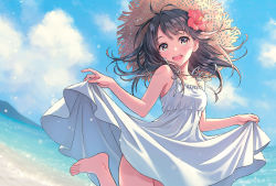Rule 34 | 1girl, backlighting, bare arms, bare legs, barefoot, beach, blue sky, breasts, brown hair, brown hat, cloud, cloudy sky, collarbone, contrapposto, cowboy shot, day, dot nose, dress, dutch angle, eyelashes, fingernails, floating hair, flower, foam, foot up, frilled dress, frills, hair between eyes, hair flower, hair ornament, hands up, hat, head tilt, hibiscus, highres, lens flare, light blush, light particles, lips, medium hair, morikura en, mountainous horizon, multicolored eyes, ocean, open mouth, original, outdoors, red flower, shore, skirt hold, sky, sleeveless, sleeveless dress, small breasts, solo, spaghetti strap, standing, standing on one leg, straw hat, sun hat, sundress, tareme, teeth, toenails, upper teeth only, water, waves, white dress