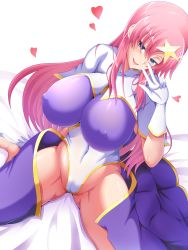 Rule 34 | 1girl, absurdres, aokura shou, arm support, blue eyes, blush, breasts, cameltoe, cleft of venus, covered erect nipples, covered navel, gundam, gundam seed, gundam seed destiny, hair ornament, highleg, highleg leotard, highres, impossible clothes, impossible leotard, large breasts, leotard, long hair, looking at viewer, meer campbell, open mouth, pink hair, purple leotard, redrawn, sitting, smile, solo, star (symbol), star hair ornament, v over eye, wariza