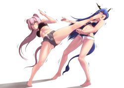 Rule 34 | 2girls, animal ears, arknights, bare legs, barefoot, bikini, black bikini, blue hair, ch&#039;en (arknights), ch&#039;en the holungday (arknights), ch&#039;en the holungday (elite ii) (arknights), chinese commentary, commentary request, dragon horns, dragon tail, grey shorts, hair between eyes, horns, kicking, lin (arknights), long hair, micro shorts, mouse ears, multiple girls, navel, open fly, pink eyes, pink hair, red eyes, second-party source, shorts, simple background, standing, standing on one leg, stomach, swimsuit, tail, thighs, v-shaped eyebrows, very long hair, white background, white shorts, yamauchi (conan-comy)