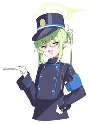 Rule 34 | 1girl, absurdres, black hat, black jacket, black skirt, blue archive, fang, gloves, green hair, green halo, hair between eyes, halo, hat, highres, jacket, long hair, long sleeves, looking at viewer, nozomi (blue archive), open mouth, osisio, peaked cap, pointy ears, simple background, skin fang, skirt, smile, solo, white background, white gloves, yellow eyes
