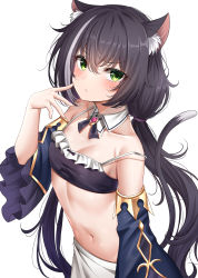 Rule 34 | 1girl, absurdres, animal ear fluff, animal ears, bandeau, bare shoulders, bikini, black bikini, black hair, breasts, brooch, cat ears, cat girl, collarbone, commentary, detached collar, detached sleeves, frilled bikini, frills, frown, green eyes, hand up, highres, jewelry, karyl (princess connect!), long hair, long sleeves, looking at viewer, midriff, multicolored hair, navel, princess connect!, simple background, small breasts, solo, stomach, strap slip, streaked hair, sunhyun, swimsuit, upper body, very long hair, white background