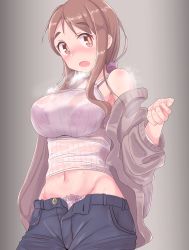 Rule 34 | blush, bra visible through clothes, breasts, brown background, brown hair, check commentary, commentary, commentary request, gradient background, highres, jacket, jacket partially removed, large breasts, looking at viewer, matsumoto yoriko, midriff peek, navel, nervous sweating, open clothes, open fly, open jacket, open mouth, orange eyes, panties, pants, panty peek, see-through, sidelocks, simple background, single bare shoulder, steam, steaming body, sweat, sweaty clothes, unbuttoned, underwear, upper body, very sweaty, yuukin, yuyushiki