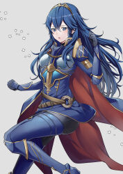 Rule 34 | 1girl, :o, ameno (a meno0), armor, armored boots, belt, black gloves, blue cape, blue eyes, blue hair, blush, boots, breastplate, brown belt, cape, fire emblem, fire emblem awakening, fire emblem heroes, gauntlets, gloves, gold trim, grey background, hair between eyes, long hair, looking at viewer, lucina (fire emblem), lucina (glorious archer) (fire emblem), nintendo, official alternate costume, pauldrons, red cape, shoulder armor, simple background, solo, tiara, two-tone cape