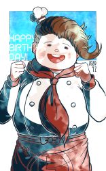 Rule 34 | 1boy, apron, blue background, blush stickers, bow, brown hair, buttons, chef hat, chef, commentary request, cowboy shot, danganronpa (series), danganronpa 2: goodbye despair, dated, double-breasted, facing viewer, fat, fat man, hanamura teruteru, hands up, happy birthday, hat, kiri (2htkz), male focus, mini hat, neckerchief, open mouth, red apron, red bow, simple background, smile, solo, star (symbol), star print, teeth, toque blanche, upper teeth only