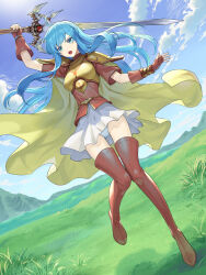 Rule 34 | 1girl, absurdres, armor, boots, breastplate, cape, cloud, commission, eirika (fire emblem), fingerless gloves, fire emblem, fire emblem: the sacred stones, floating hair, gloves, grass, highres, long hair, mountainous horizon, mytea (soso), nintendo, open mouth, outdoors, panties, pantyshot, red footwear, red gloves, red shirt, shirt, skeb commission, skirt, sky, solo, thigh boots, underwear, upskirt, v-shaped eyebrows, white panties, white skirt, yellow cape