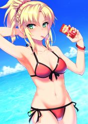 Rule 34 | 1girl, arm behind head, armpits, bad id, bad pixiv id, bare arms, bare shoulders, bikini, blonde hair, blue sky, braid, breasts, cleavage, cloud, collarbone, cowboy shot, day, dutch angle, fate/grand order, fate (series), food, french braid, front-tie bikini top, front-tie top, green eyes, hair ornament, hair scrunchie, halterneck, horizon, kinata 1, long hair, looking at viewer, medium breasts, mordred (fate), mordred (fate) (all), mordred (fate/apocrypha), mordred (swimsuit rider) (fate), mordred (swimsuit rider) (first ascension) (fate), mouth hold, navel, ocean, outdoors, parted bangs, pocky, ponytail, red bikini, scrunchie, side-tie bikini bottom, sidelocks, sky, solo, string bikini, swimsuit, water