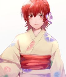 Rule 34 | 1girl, closed mouth, flower, hair flower, hair ornament, iria animi, japanese clothes, kimono, looking at viewer, penguu (green528), red eyes, red hair, short hair, simple background, solo, tales of (series), tales of innocence, white background