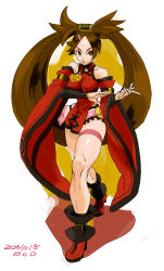 Rule 34 | 1girl, :o, artist name, bare legs, bare shoulders, boots, breasts, brown eyes, brown hair, china dress, chinese clothes, detached sleeves, dress, eyebrows, eyelashes, fighting stance, full body, guilty gear, guilty gear xrd, hair ornament, hair tubes, hairclip, high heel boots, high heels, kuradoberi jam, large breasts, long hair, oko (ocotaros), red dress, skirt, solo, standing, thigh strap, wide sleeves, wryyoco