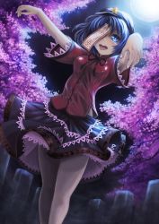 Rule 34 | 1girl, armpits, bare legs, beret, blue eyes, blue hair, cherry blossoms, dutch angle, female focus, full moon, graveyard, hat, highres, jiangshi, ks (xephyrks), looking at viewer, matching hair/eyes, mind control, miyako yoshika, moon, night, ofuda, outstretched arms, petticoat, short hair, skirt, solo, standing, star (symbol), tombstone, tongue, touhou, walking, zombie pose
