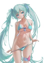 Rule 34 | 1girl, absurdres, aqua bra, aqua eyes, aqua hair, aqua panties, bare shoulders, belly, blue bow, bow, bra, breasts, eyebrows hidden by hair, hatsune miku, highres, looking to the side, medium breasts, muweint, panties, panty pull, simple background, solo, standing, stomach, taking off, thighlet, twintails, underwear, undressing, vocaloid, white background