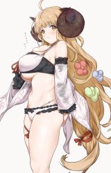 Rule 34 | 1girl, ahoge, anila (granblue fantasy), anila (summer) (granblue fantasy), bikini, blonde hair, blush, breasts, commentary request, draph, frills, from side, granblue fantasy, hair ornament, highres, horns, large breasts, long hair, looking at viewer, multicolored bikini, multicolored clothes, red ribbon, ribbon, saboten, sheep horns, sleeveless, solo, swimsuit, thigh strap, thighs, translation request, underboob, very long hair, yellow eyes