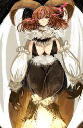 Rule 34 | 1girl, @ @, black fur, black skin, body fur, breasts, brown hair, brown horns, closed mouth, colored skin, cosplay, dark young (fate), dark young (fate) (cosplay), demon wings, detached sleeves, expressionless, fate/grand order, fate (series), fingernails, forehead jewel, fujimaru ritsuka (female), fusion, glowing, glowing eyes, horns, huge breasts, knees together feet apart, long fingernails, looking at viewer, masao sao, medium hair, monster girl, pink eyes, side ponytail, solo, thighs, white fur, white sleeves, white wings, wings