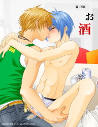 Rule 34 | 2boys, anal, bed, blonde hair, blue hair, blush, briefs, closed eyes, erection, fingering, hirohide, jewelry, kiss, lowres, male focus, male penetrated, male underwear, multiple boys, necklace, penis, saliva, soda, spread legs, topless male, underwear, yaoi