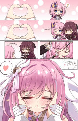 Rule 34 | !, 1other, 2girls, 6koma, afterimage, alcohol, applying makeup, arrow (symbol), black gloves, blue eyes, blush, blush stickers, brown dress, brown gloves, brown hair, buttons, captain (honkai impact), chalice, chibi, chinese text, cleavage cutout, close-up, closed eyes, clothes hanger, clothing cutout, comic, cosmetics, cup, dress, eden (honkai impact), elysia (herrscher of human:ego) (honkai impact), elysia (honkai impact), elysia (miss pink elf) (honkai impact), gloves, gradient background, hair ornament, hand on another&#039;s hand, hand on own chin, hands on another&#039;s cheeks, hands on another&#039;s face, heart, heart hands, highres, holding, holding clothes, holding cup, holding hands, honkai (series), honkai impact 3rd, incoming kiss, index finger raised, lipstick tube, long hair, looking at another, makeup, makeup brush, multiple girls, ok sign, one eye closed, parted lips, pencil, pink background, pink hair, pointy ears, polka dot, polka dot background, pov, pov hands, simple background, single glove, smile, snoot challenge, speech bubble, spoken heart, stroking own chin, thinking, white gloves, wine, yellow eyes