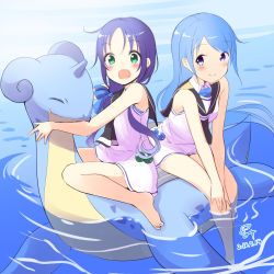 Rule 34 | 2girls, :o, afloat, bad id, bad pixiv id, bare arms, bare legs, barefoot, blue eyes, blue hair, blush, creatures (company), crossover, dated, game freak, gen 1 pokemon, green eyes, hair ribbon, highres, horns, kantai collection, lapras, long hair, looking at viewer, minidraco, multiple girls, multiple riders, neckerchief, nintendo, pokemon, pokemon (creature), ribbon, riding, riding pokemon, sailor collar, samidare (kancolle), single horn, smile, suzukaze (kancolle), water