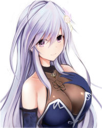 Rule 34 | 1girl, blue gloves, breasts, character request, cleavage, collarbone, elbow gloves, gloves, hair ornament, large breasts, long hair, nannacy7, purple eyes, see-through, shiny clothes, silver hair, smile, solo, standing, upper body, very long hair, white background
