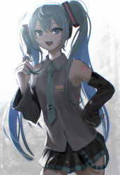 Rule 34 | 1girl, :d, andoplus, black skirt, black sleeves, blue eyes, blue hair, blue nails, blue necktie, collared shirt, cowboy shot, detached sleeves, dress shirt, floating hair, grey shirt, hair ornament, twirling hair, hand on own hip, hatsune miku, headphones, highres, long hair, long sleeves, looking at viewer, miniskirt, nail polish, necktie, open mouth, pleated skirt, shirt, skirt, sleeveless, sleeveless shirt, smile, solo, standing, twintails, very long hair, vocaloid, wing collar