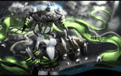 Rule 34 | 1girl, abyssal ship, black dress, breasts, claws, cloud, cloudy sky, collarbone, cosplay, dress, glowing, green eyes, green hair, hat, hatsune miku, highres, hk (hk), kantai collection, large breasts, long hair, looking at viewer, matching hair/eyes, navel, rain, revealing clothes, sky, solo, strapless, strapless dress, tentacles, twintails, very long hair, vocaloid, wo-class aircraft carrier, wo-class aircraft carrier (cosplay)