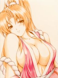 Rule 34 | 1girl, bare shoulders, blush, breasts, brown eyes, brown hair, cleavage, closed mouth, collarbone, commentary request, fatal fury, hair ornament, highres, japanese clothes, large breasts, long hair, looking at viewer, ninja, ponytail, rope, shiranui mai, sleeveless, smile, solo, tagatamest, the king of fighters, upper body