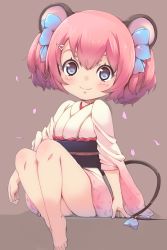 Rule 34 | 1girl, absurdres, animal ears, bare legs, barefoot, blue ribbon, blush, brown background, cherry blossoms, closed mouth, eyebrows, eyelashes, facing away, flower, hair between eyes, hair ornament, hair ribbon, hairclip, highres, japanese clothes, kimono, kohaku q, legs together, long sleeves, looking at viewer, mouse ears, mouse tail, obi, petals, pink kimono, ribbon, sash, short hair, short kimono, short twintails, show by rock!!, sitting, smile, solo, sparkle, tail, tail ornament, tail ribbon, tareme, twintails, un (show by rock!!)